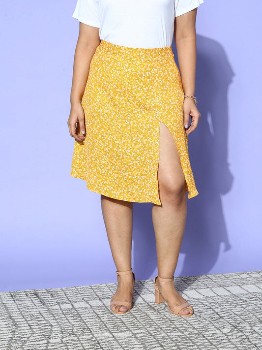 Women Plus Size Yellow & White Floral Printed Thigh-High Slit Flared A-Line Midi Skirt