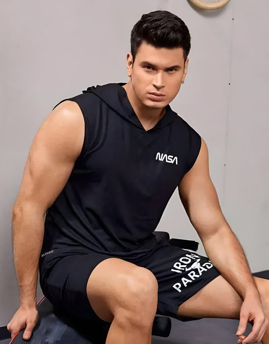 Men black hood Activewear T-shirt