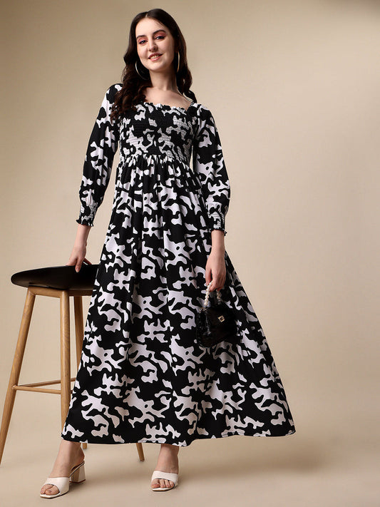 WOMEN BLACK WILD MONOCHROME ANIMAL PRINT MAXI DRESS