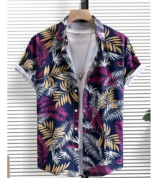 Men casual violet mixed leaves shirt