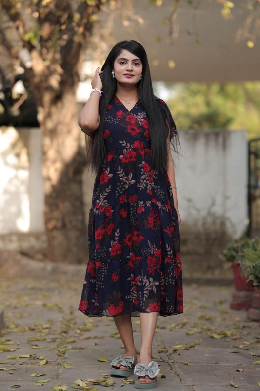 Black Printed Georgette Gown for Women & Girls