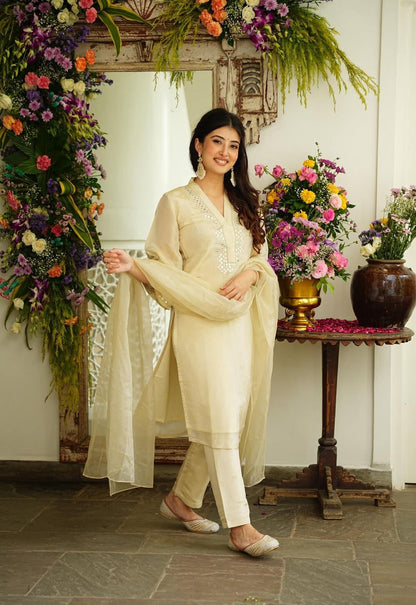 Foremost Beige Chanderi Kurta & Pant Set