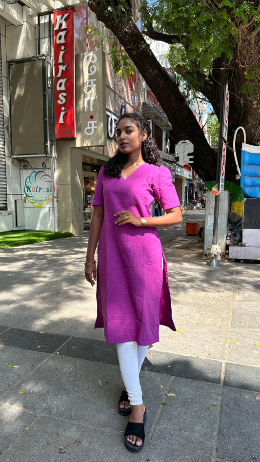 Women Purple Puff Hand South Cotton Kurti with Lining