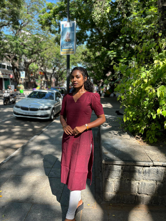 Maroon Purple Puff Hand South Cotton Kurti with Lining