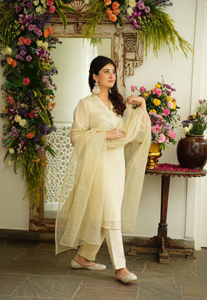 Foremost Beige Chanderi Kurta & Pant Set