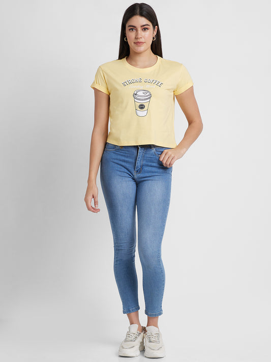 Women Yellow Printed Cotton Regular Fit Casual Crop T-shirt