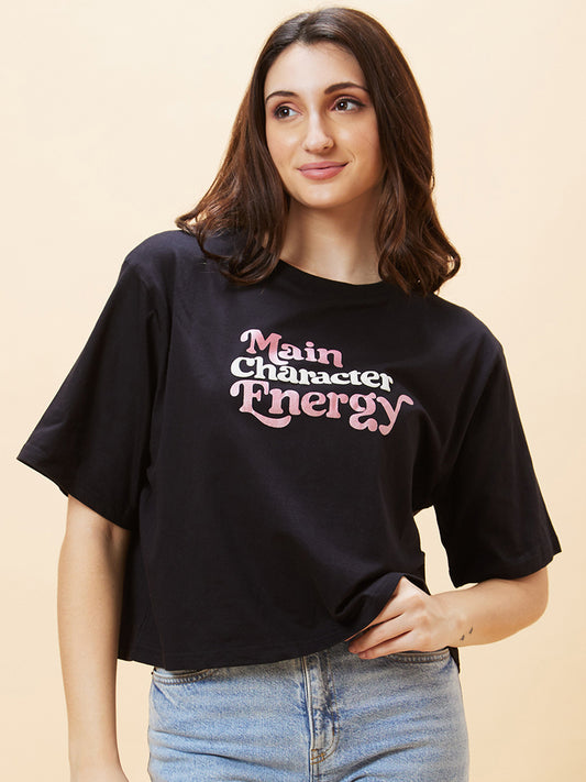 Women Black Typography Print Round Neck Boxy Fit Casual Crop T-Shirt