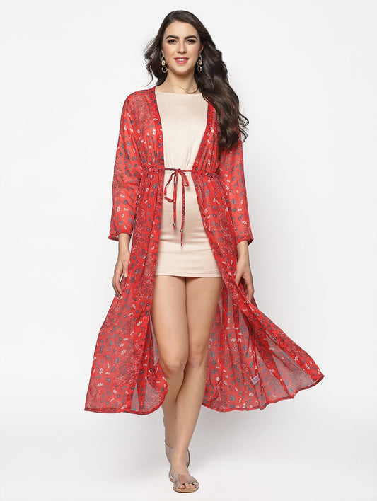 Polyester Red Floral Regular Shrug for Women & Girls