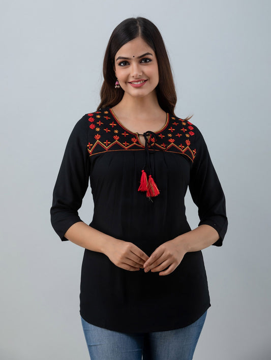 Black Embroidered Tie-Up Neck Regular Tunic for Women & Girls