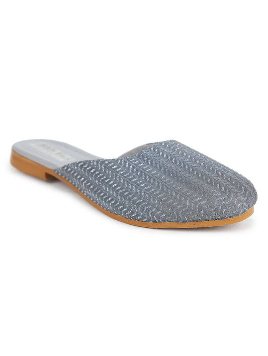 Grey Textured Slip On Mules for Women & Girls