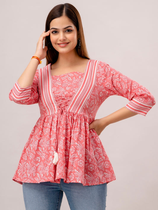 Peach Floral Print Flared Tunic for Women & Girls