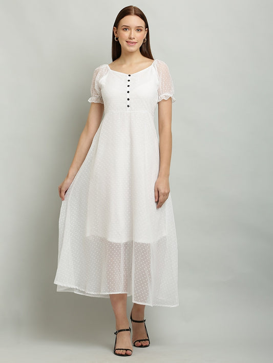 White Solid Puff Sleeves A-Line Dress for Women & Girls