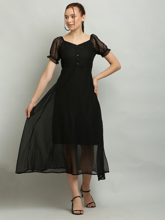 Black Solid Puff Sleeves A-Line Dress for Women & Girls