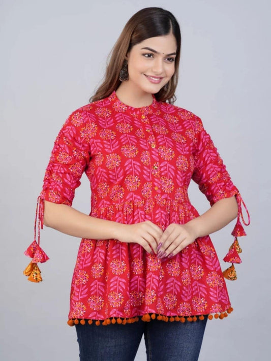 Red Printed Dori And Pom Pom Detail Tunic for Women & Girls ( Rayon )